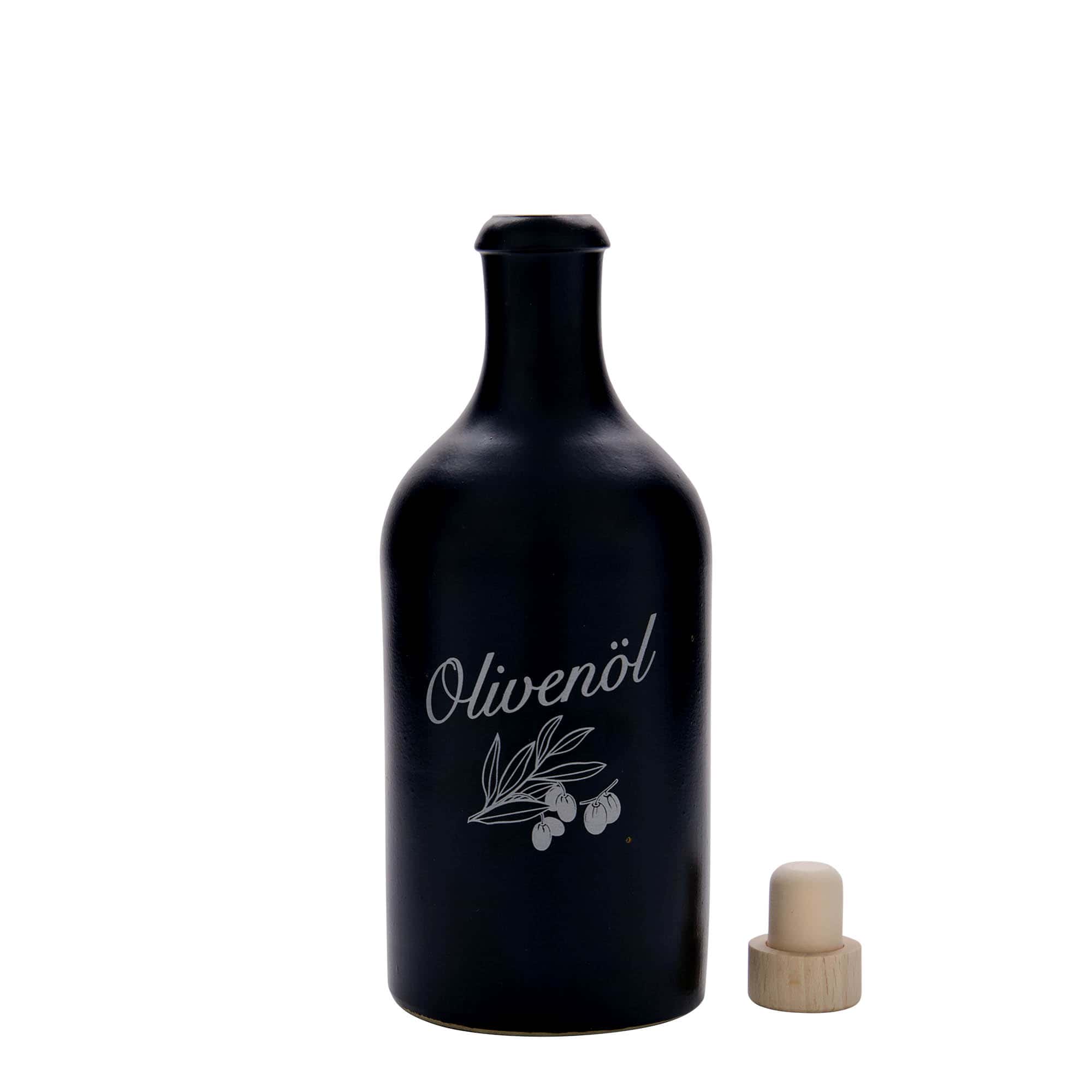 500 ml hlinený džbán, motív: olivový olej, kamenina, čierny, hrdlo: korek