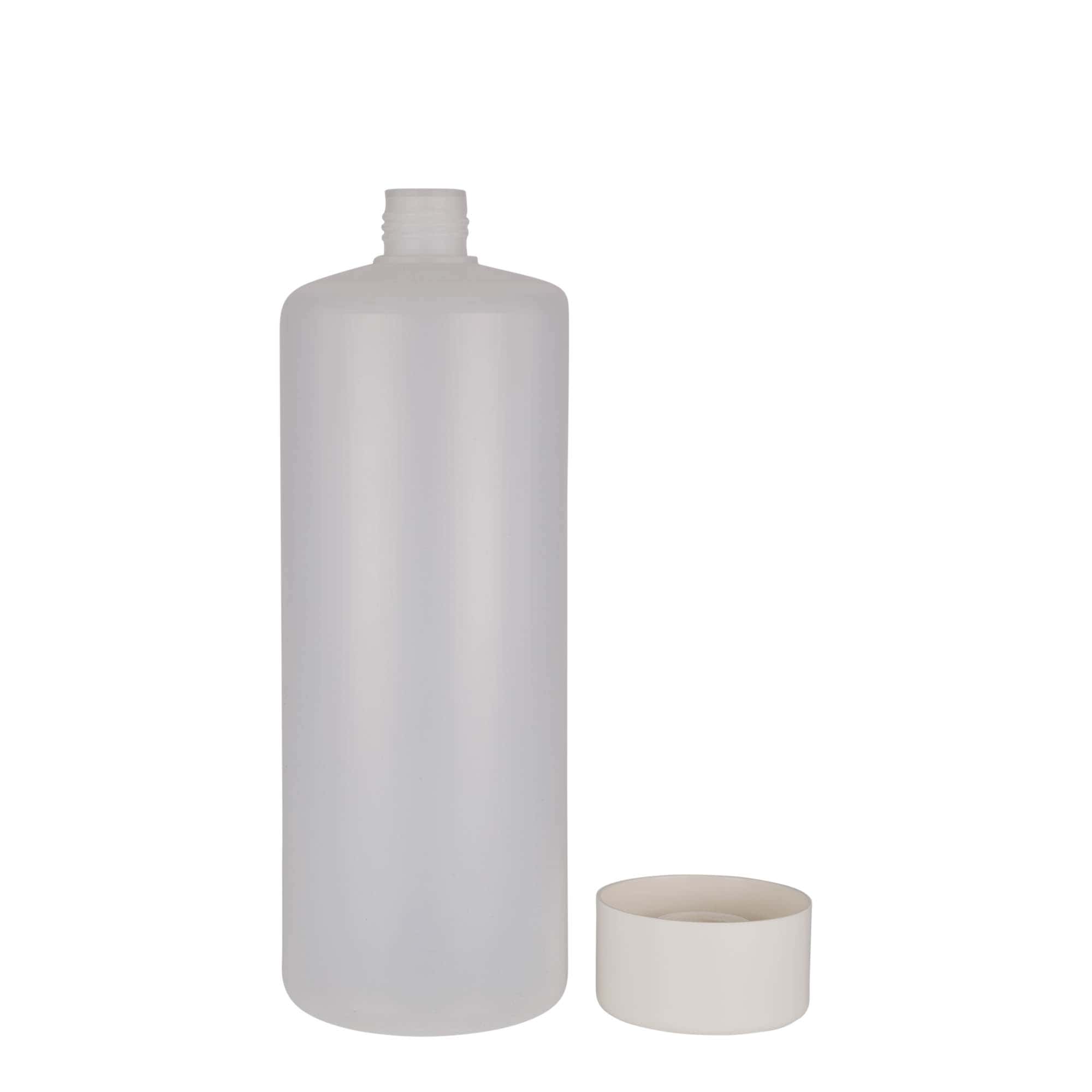 1 000 ml okrúhla fľaša, PE plast, prírodná farba, hrdlo: skrutkovací uzáver