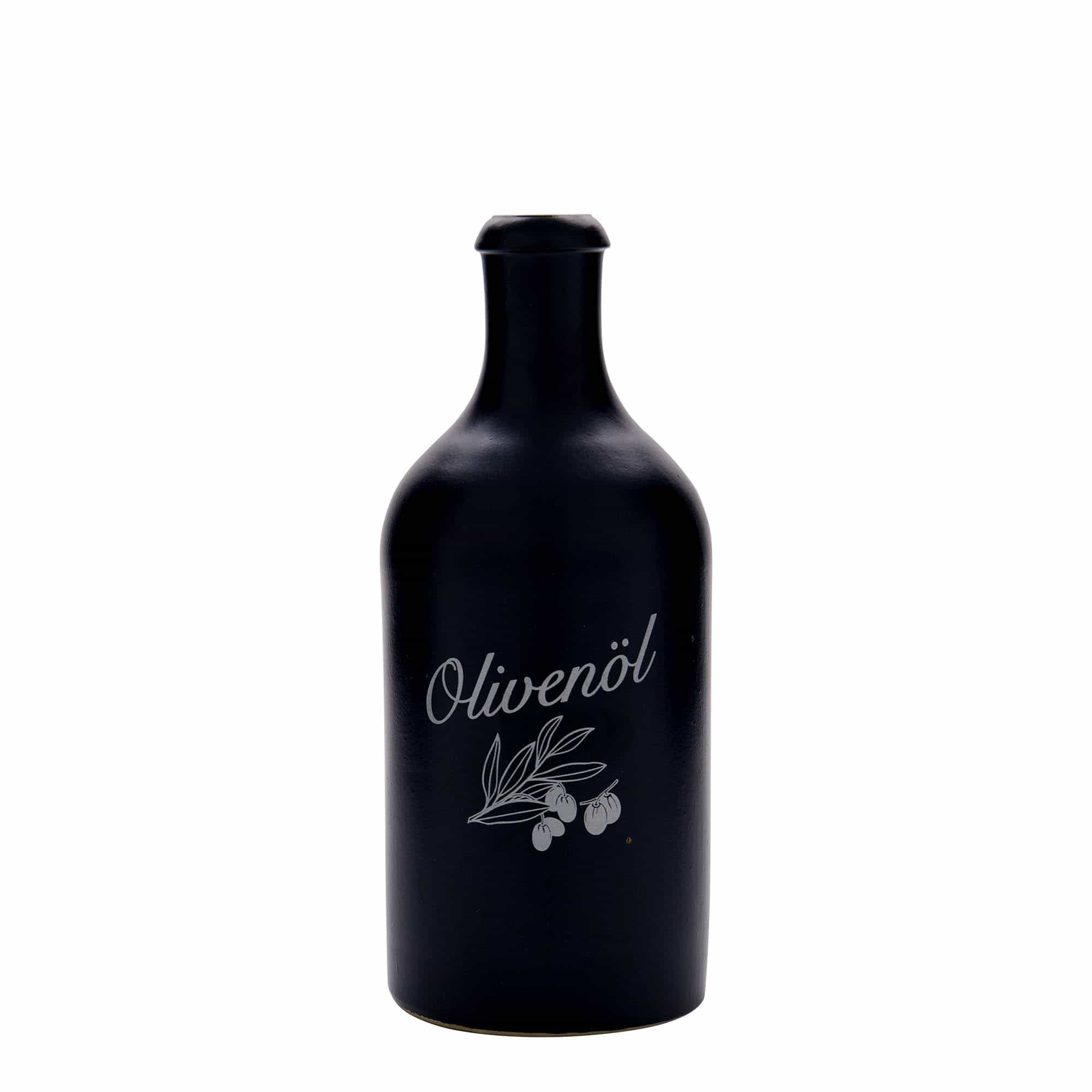 500 ml hlinený krčah, motív: olivový olej, kamenina, čierna farba, hrdlo: korok 500 ml hlinený krčah, motív: olivový olej, kamenina, čierna farba, hrdlo: korok