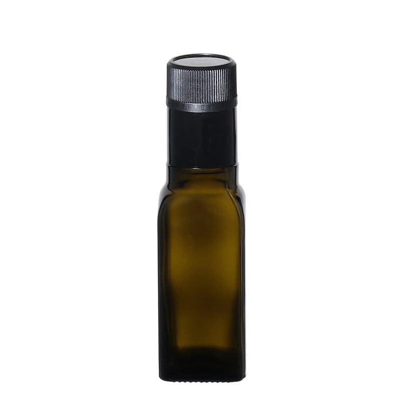 100 ml fľaša na ocot/olej „Quadra“, sklená, štvorcová, antická zelená farba, hrdlo: DOP