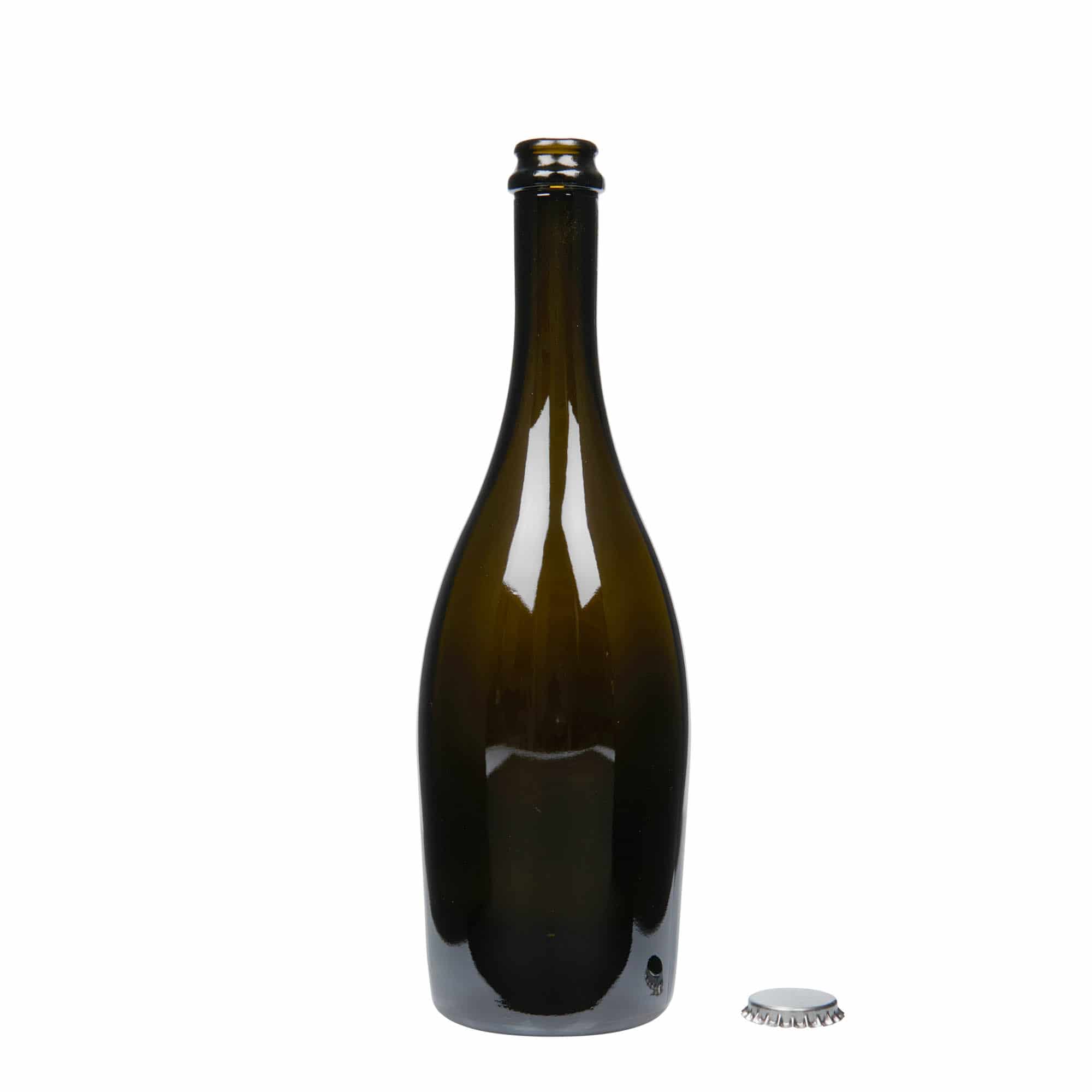 750 ml fľaša na sekt „Carmen“, sklená, antická zelená farba, hrdlo: štupeľ
