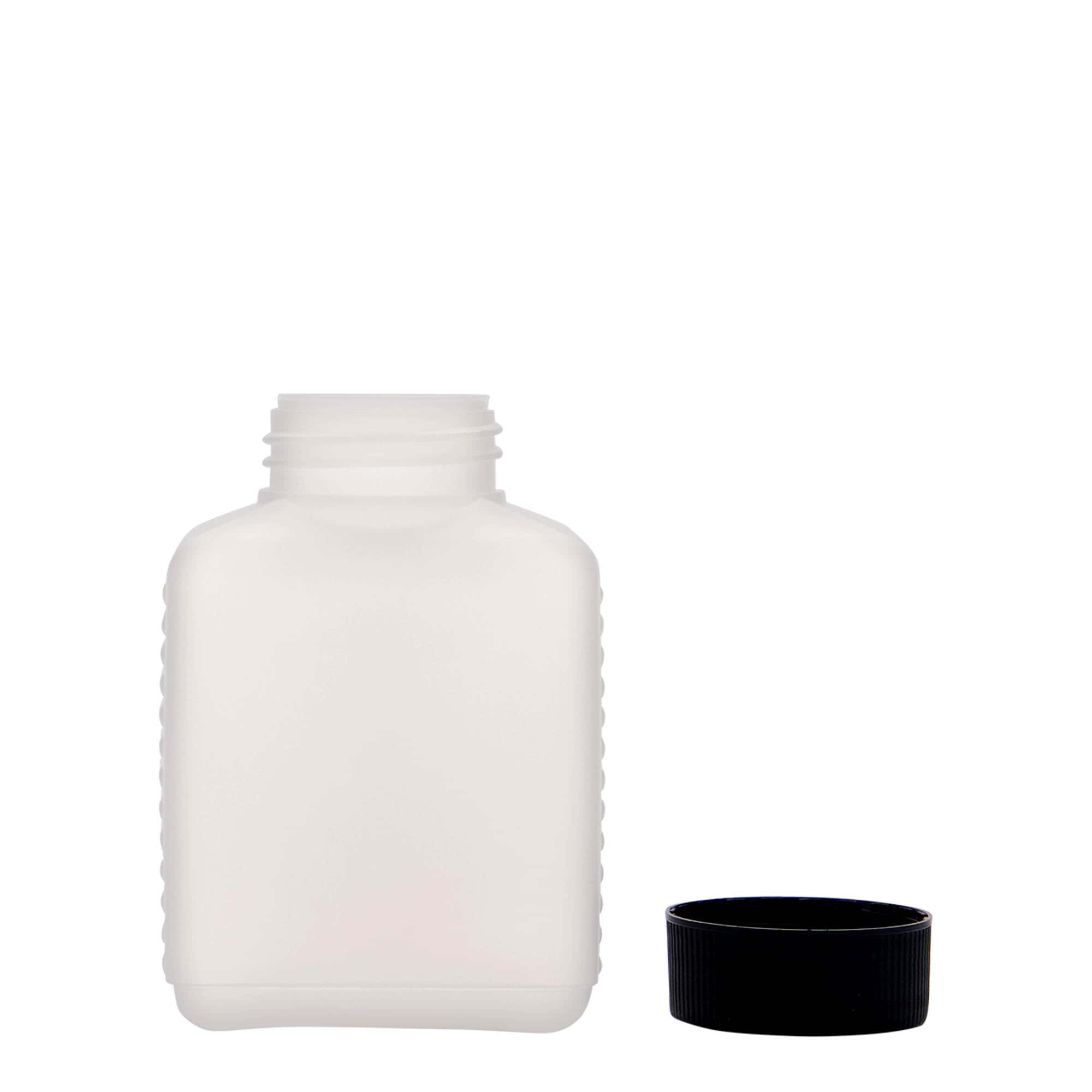 250 ml fľaša so širokým hrdlom, obdĺžniková, HDPE plast, prírodná farba, hrdlo: DIN 40 EPE