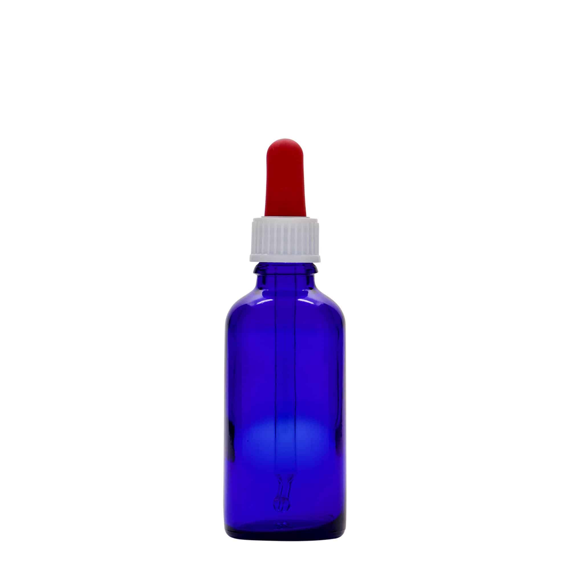 50 ml liekovka s pipetou, sklená, kráľovská modrá – červená farba, hrdlo: DIN 18 50 ml liekovka s pipetou, sklená, kráľovská modrá – červená farba, hrdlo: DIN 18