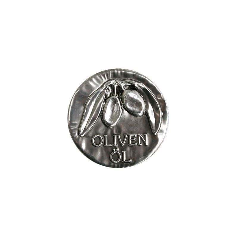 Cínová etiketa „Olivový olej“, kov, strieborná farba