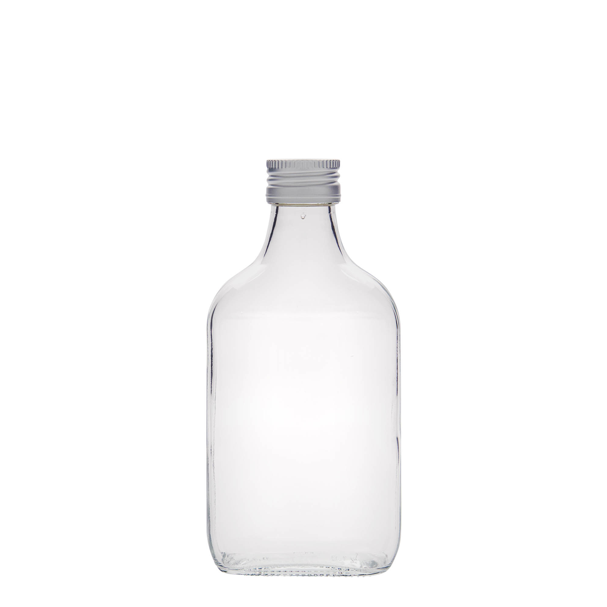 200 ml vrecková fľaša, obdĺžniková, sklo, hrdlo: PP 28