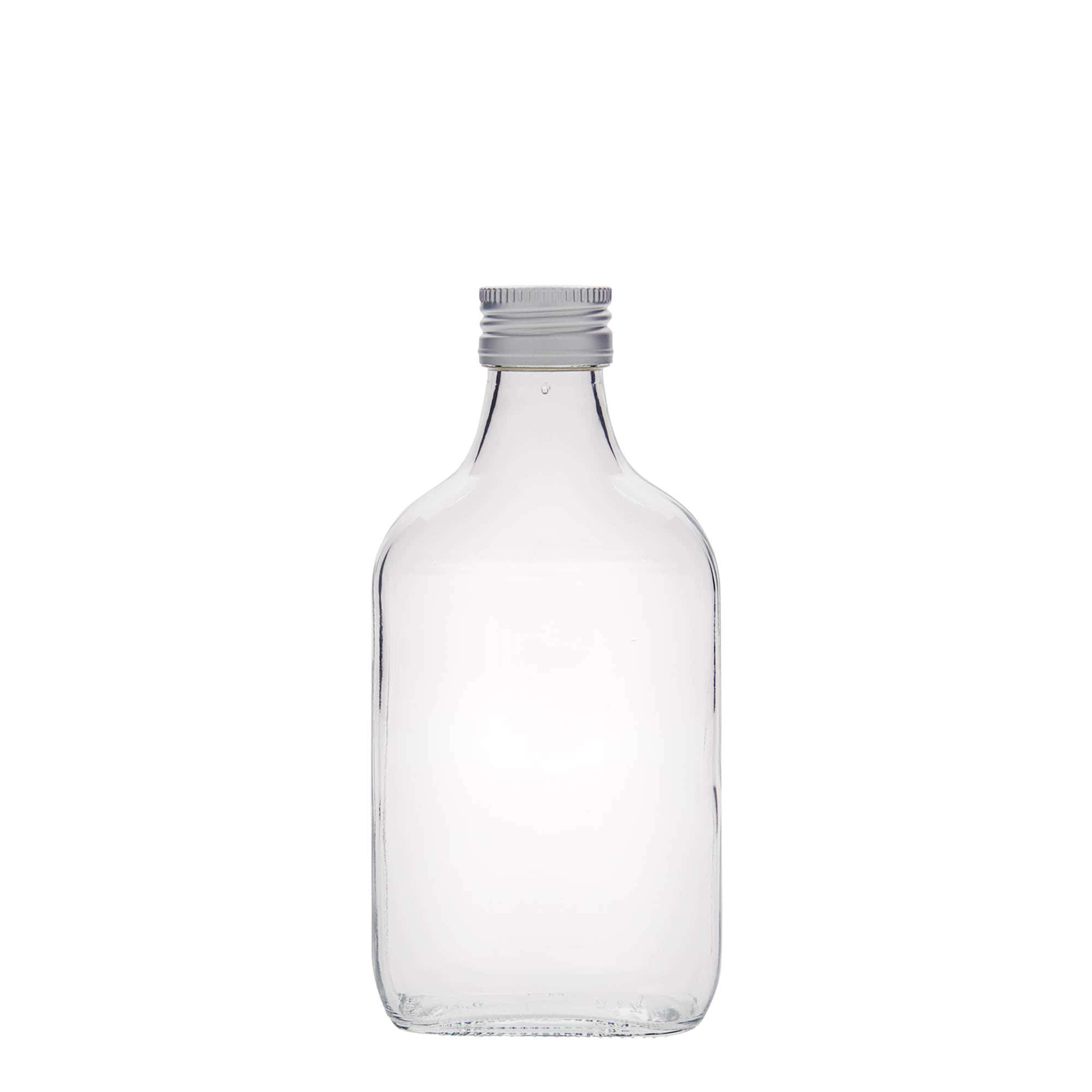 200 ml vrecková fľaša, obdĺžniková, sklo, hrdlo: PP 28