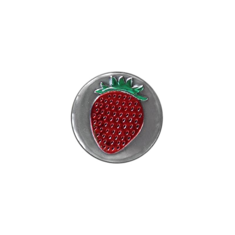 Cínová etiketa „Jahoda“, okrúhla, kovová, strieborná Cínová etiketa „Jahoda“, okrúhla, kovová, strieborná