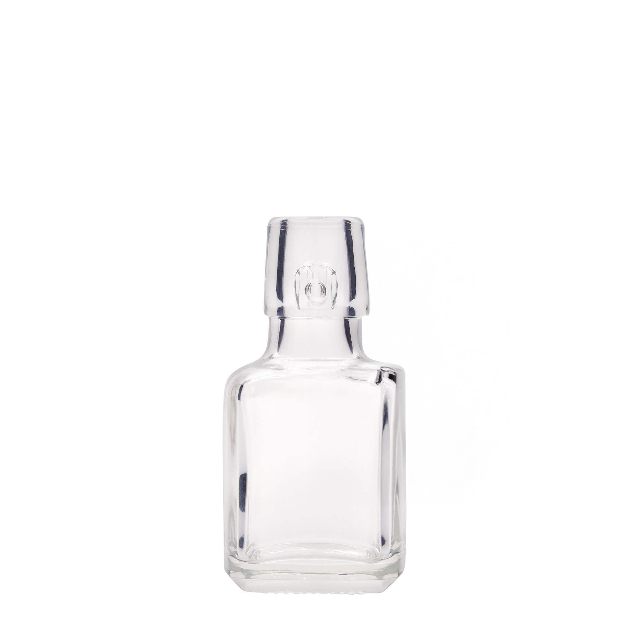 100 ml sklenená fľaša 'Kubica', štvorcová, hrdlo: záklopka 100 ml sklenená fľaša 'Kubica', štvorcová, hrdlo: záklopka