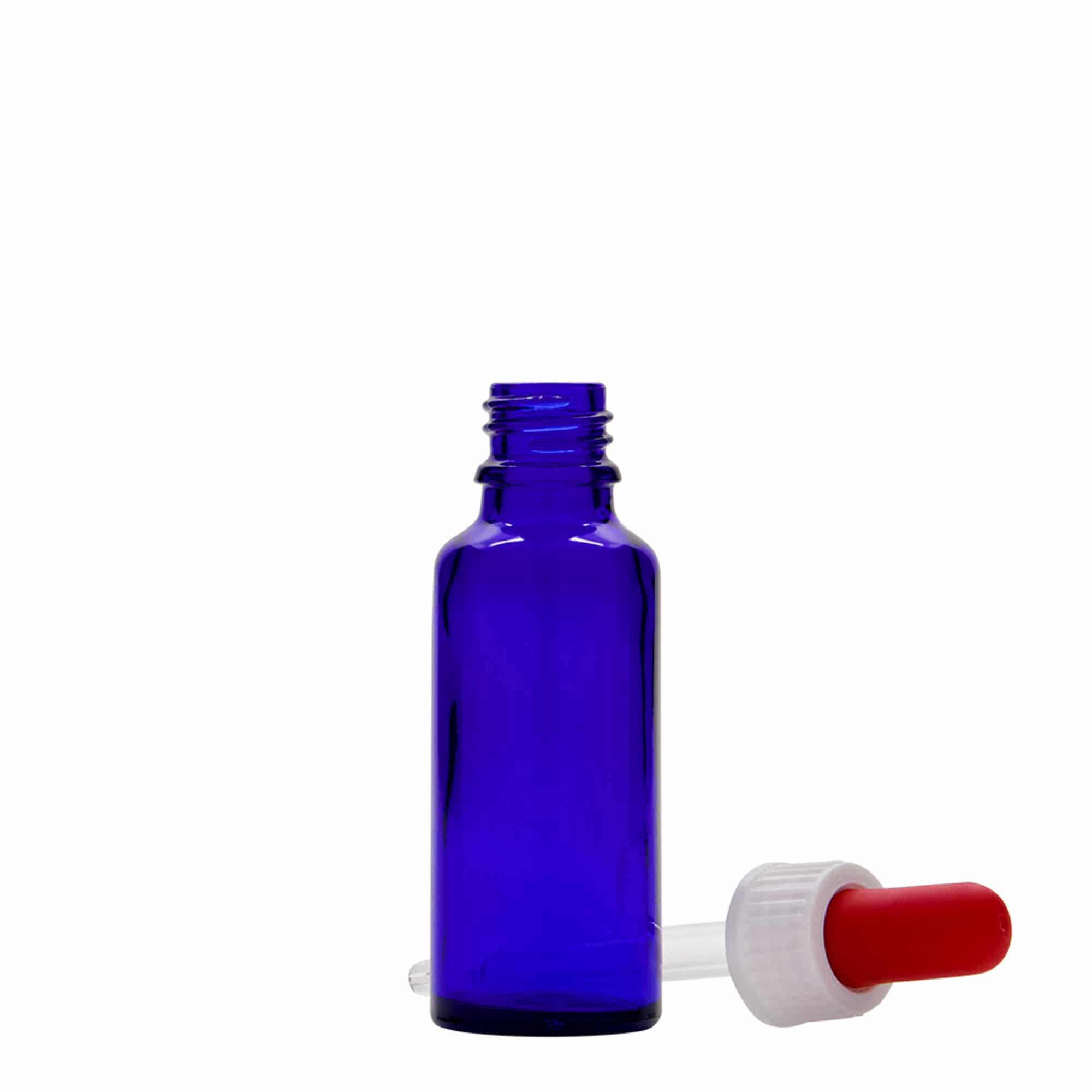 30 ml liekovka s pipetou, sklená, kráľovská modrá – červená farba, hrdlo: DIN 18