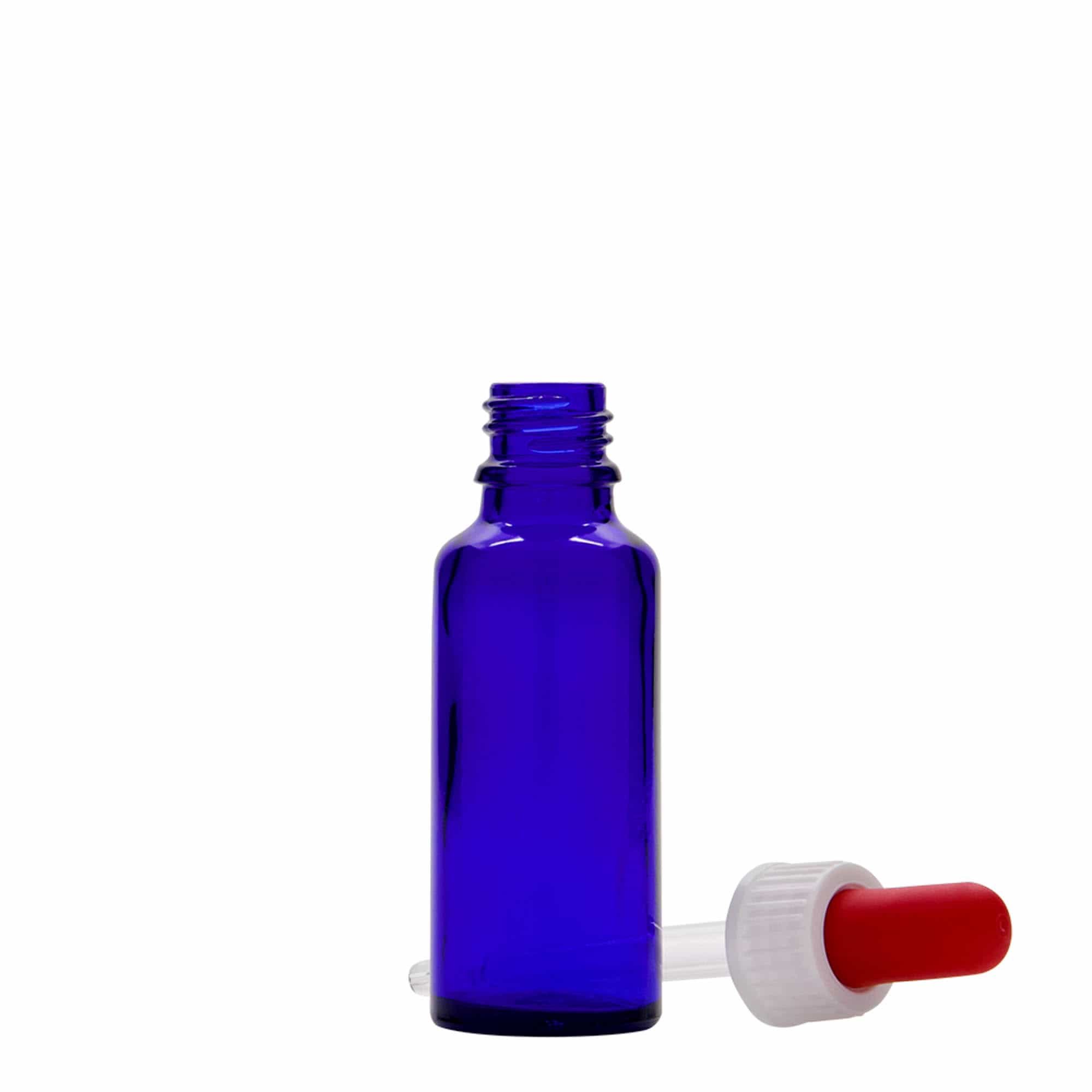 30 ml liekovka s pipetou, sklo, kráľovská modrá-červená, hrdlo: DIN 18 30 ml liekovka s pipetou, sklo, kráľovská modrá-červená, hrdlo: DIN 18