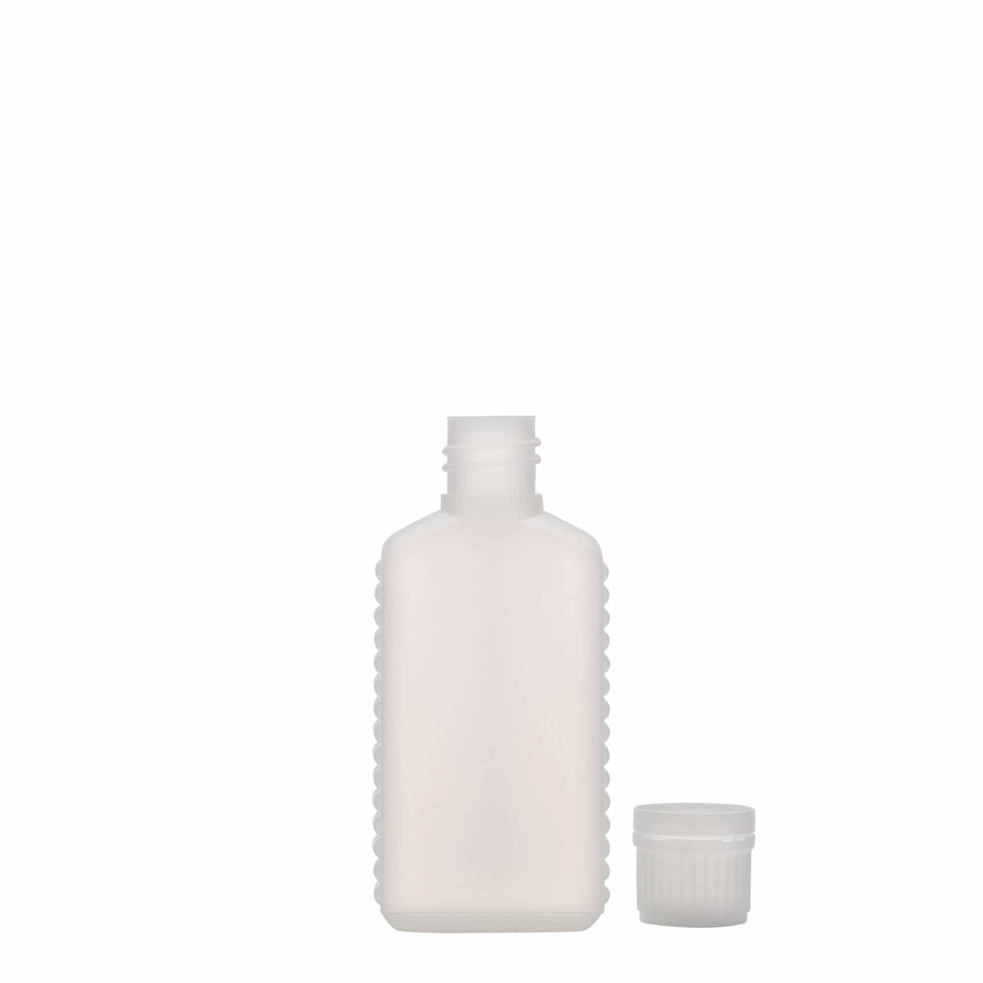 50 ml kanistrová fľaša s úzkym hrdlom, obdĺžniková, HDPE plast, prírodná, hrdlo: DIN 18 50 ml kanistrová fľaša s úzkym hrdlom, obdĺžniková, HDPE plast, prírodná, hrdlo: DIN 18
