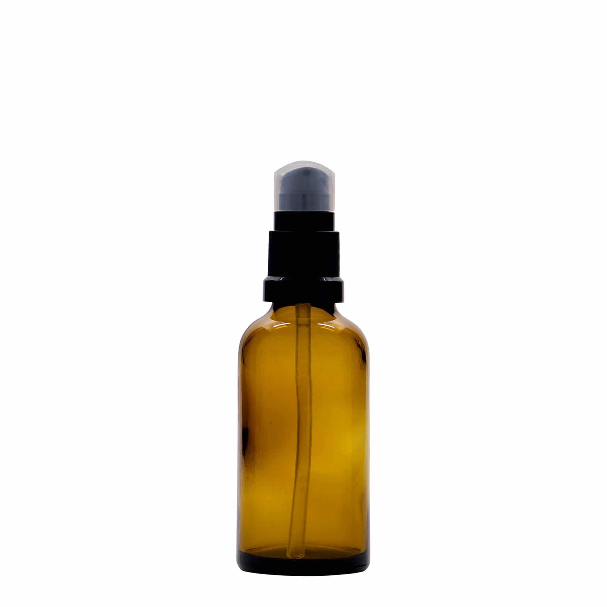 50 ml liekovka s pumpičkou, sklená, hnedá farba, hrdlo: DIN 18 50 ml liekovka s pumpičkou, sklená, hnedá farba, hrdlo: DIN 18